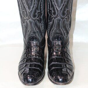 Larry Mahan Cowboy Boots + Crocodilian-Pattern Leather + Black + Size 9.5 D